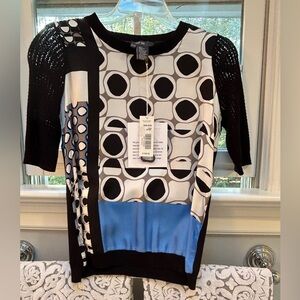 Per Se Black and Blue Geometric Short Sleeve Top